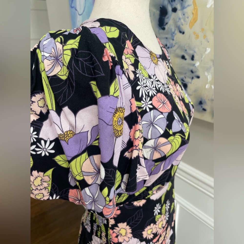 AFRM Floral Midi Dress Slit Puff Sleeves Open Back NWT - Picture 6 of 7